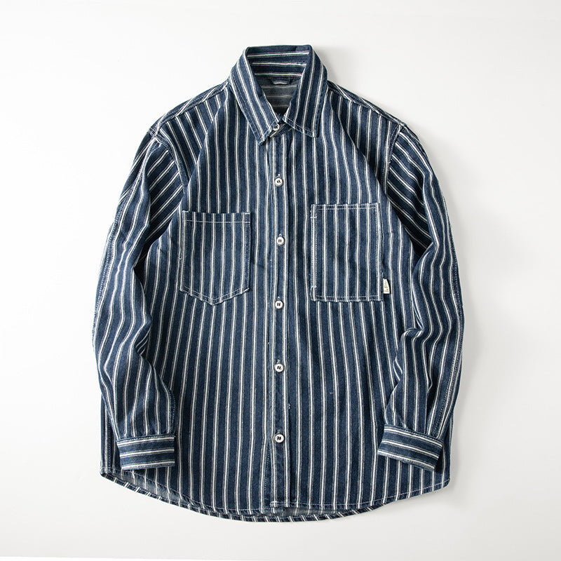 Retro Waschtes gestreiftes Langarm-Denim-Shirt – Bild 2 | LuxeStyle