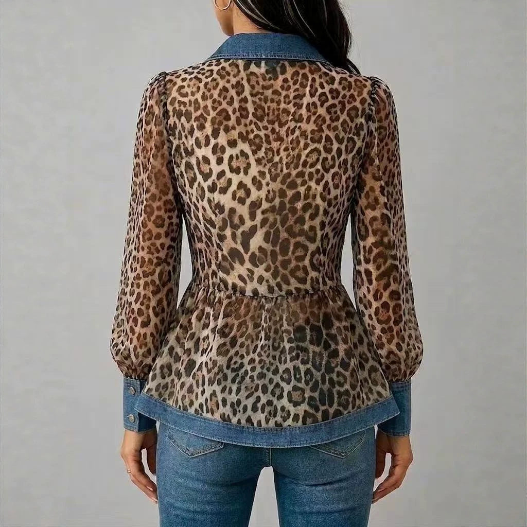 Leoparden-Patchwork Denim Hemd