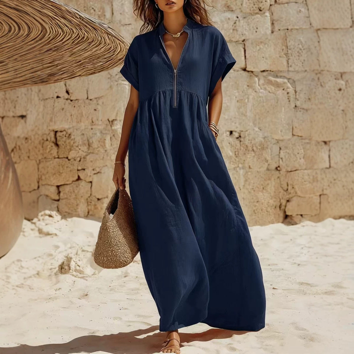 Langes Leinenkleid mit Reissverschluss – Bild 7 | LuxeStyle