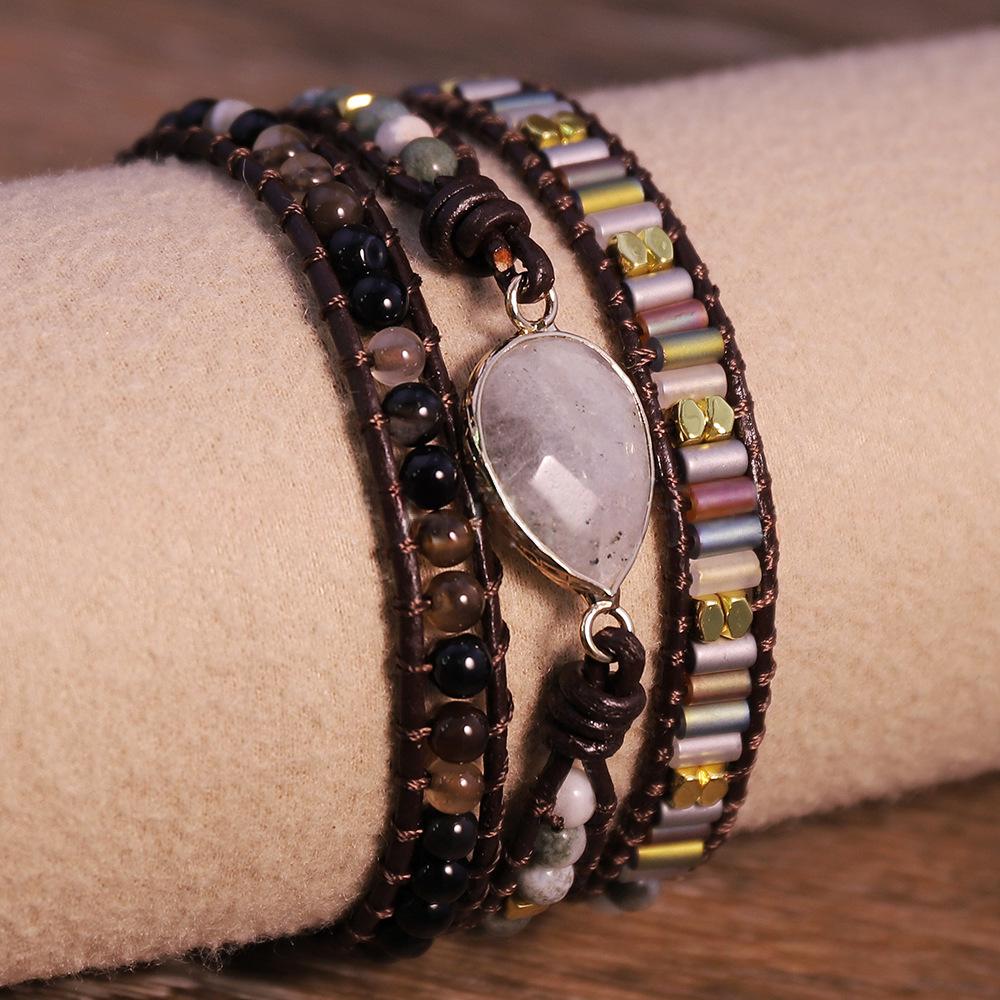 Handgewobenes Lederarmband mit Naturstein