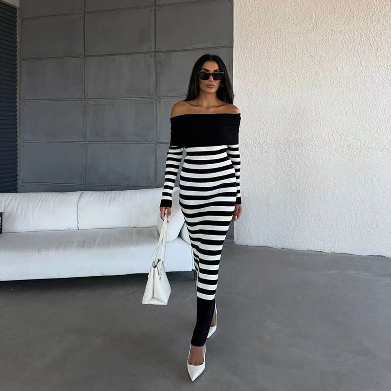 Schulterfreies Strickkleid gestreift – Bild 8 | LuxeStyle