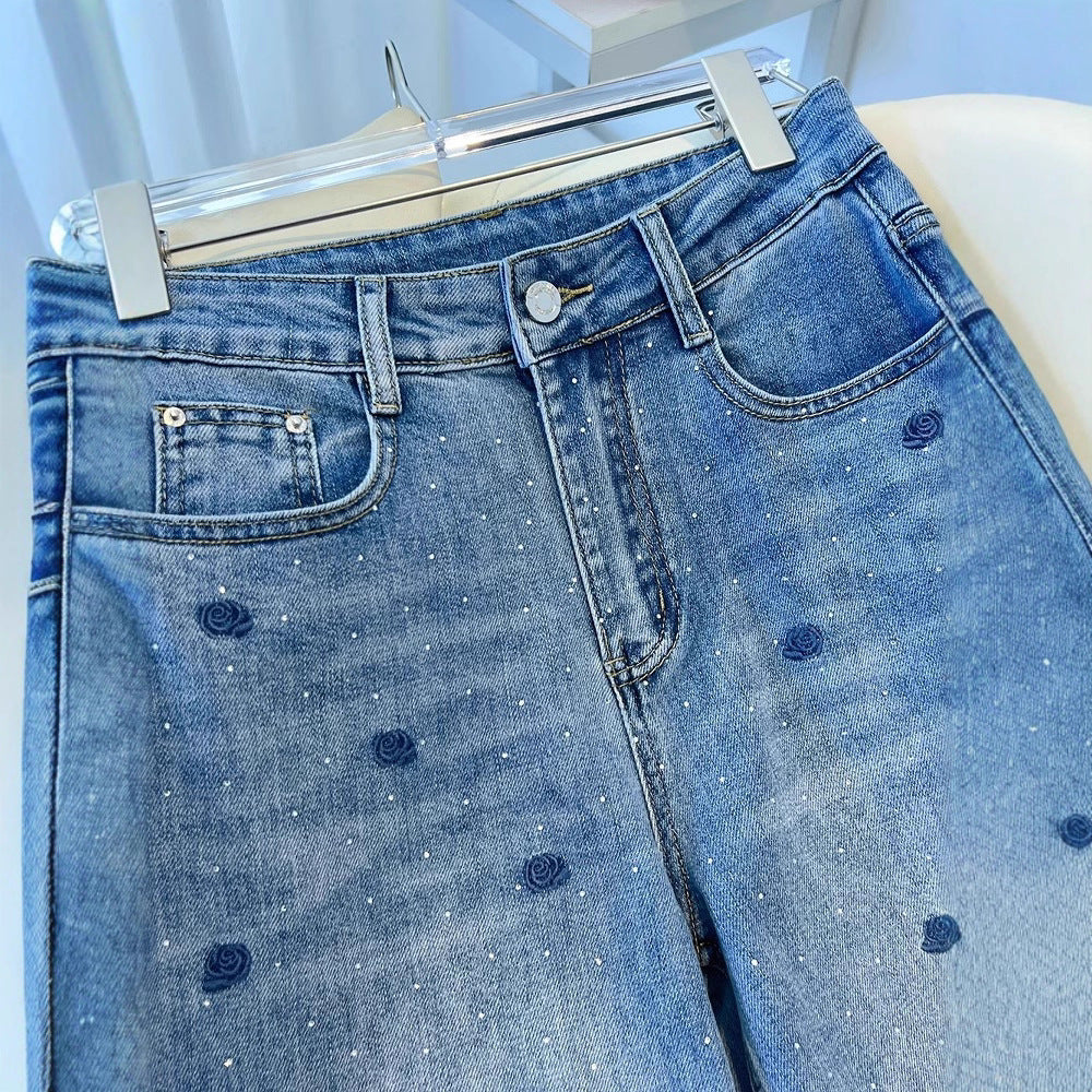 Vintage Blue Rose Bestickte Jeans