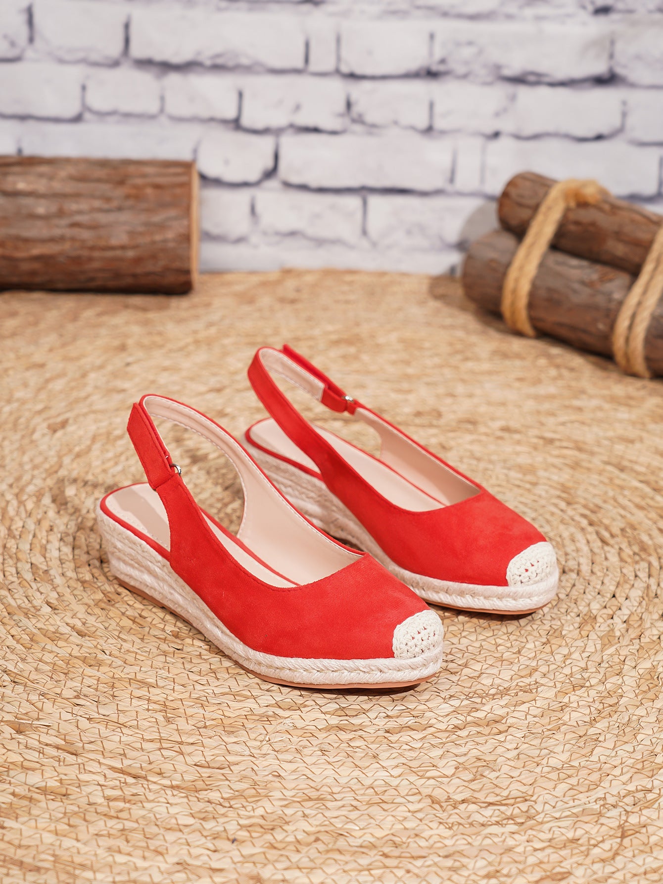 Retro Slingback Keilsandalen mit Strohgeflecht