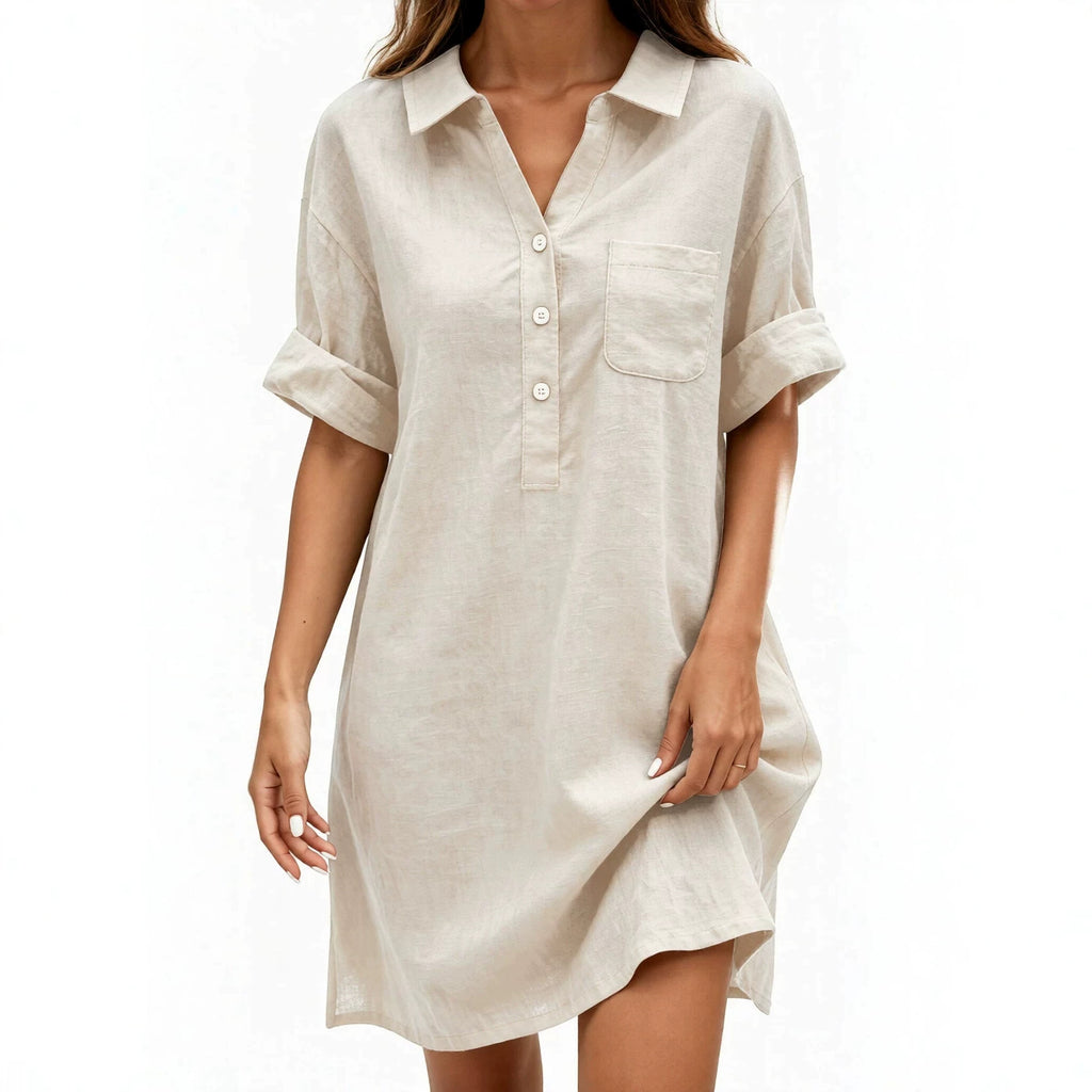Leinen-Baumwoll-Kleid mit Hemdkragen | LuxeStyle