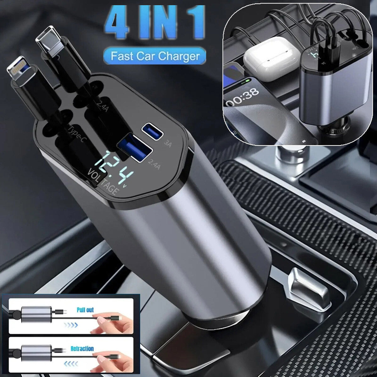 4-in-1 Auto-Ladegerät mit ausziehbaren Kabeln