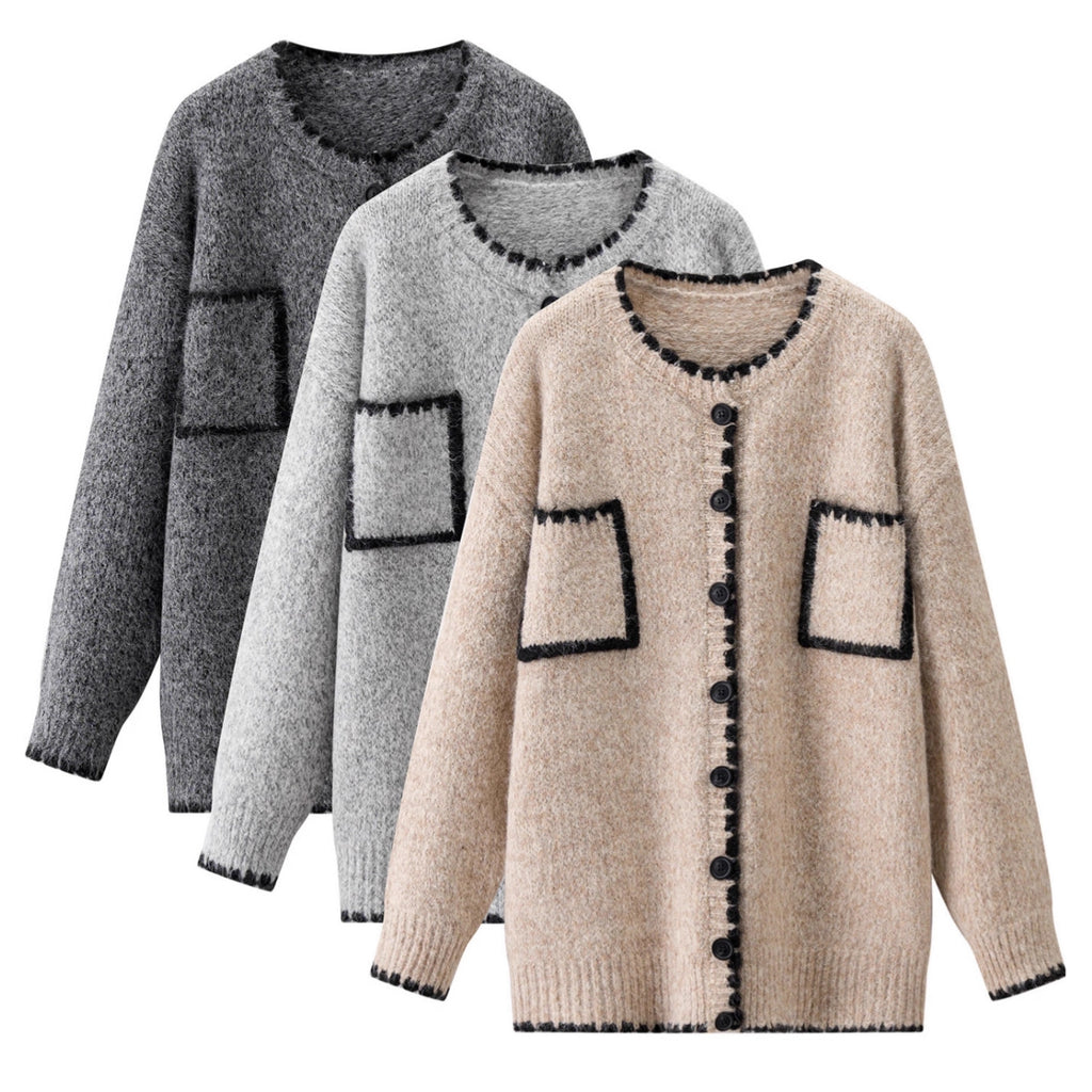 Retro Color-Block Cardigan mit Taschen