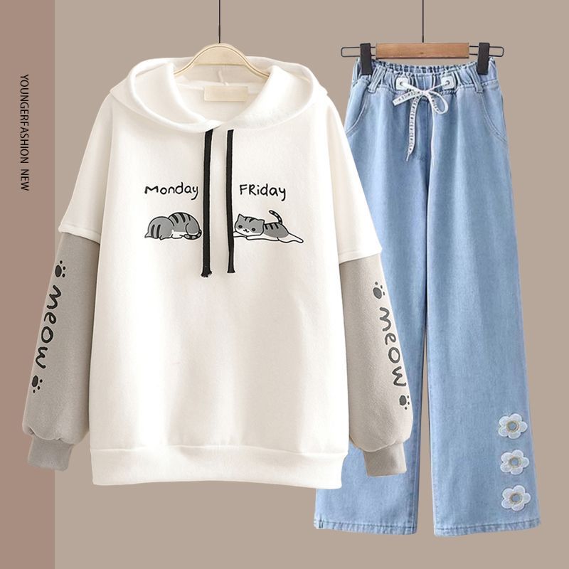 Hoodie-Set mit geradem Bein im Preppy-Stil