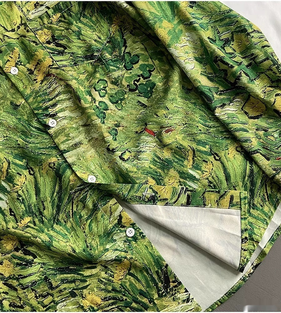 Grünblaues Pflanzenöl-Malerei-Shirt mit langen Ärmeln – Bild 3 | LuxeStyle