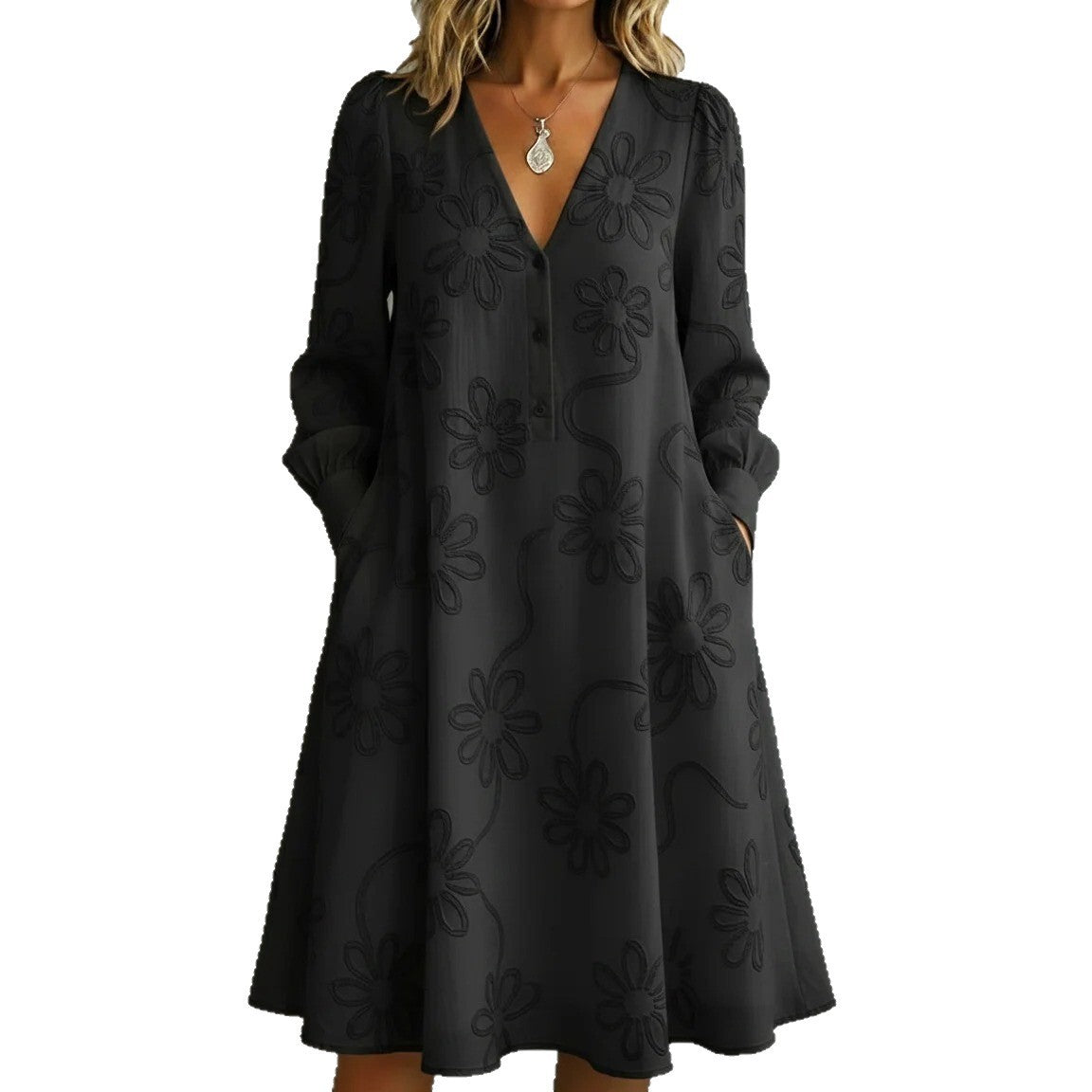 Elegantes Vintage Blumenstickerei V-Neck Kleid