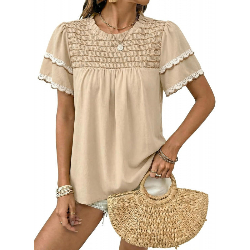Rüschenbluse mit Rundhals und kurzen Ärmeln – Ansicht 4