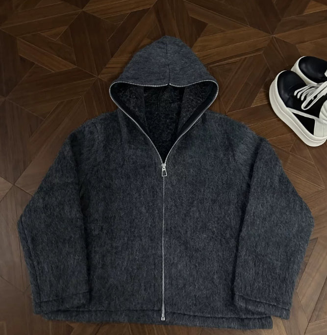 Woll-Mohair Strickjacke mit Kapuze