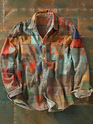 Herrenhemd im Retro-Stil mit Farbblock-Print