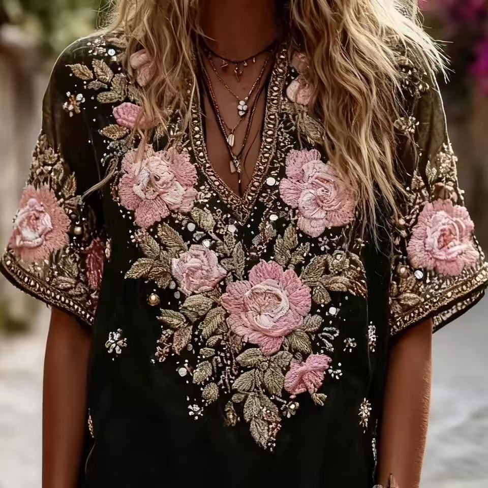 Kurzarm-Top mit Jacquard-Print und schräger Schulter