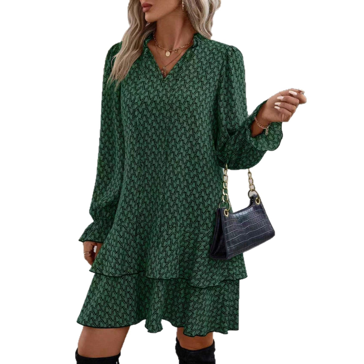 Grünes Printkleid mit ausgestellten Ärmeln und V-Ausschnitt – Bild 5 | LuxeStyle