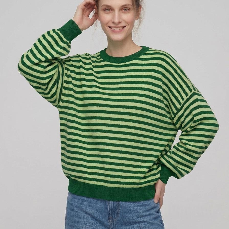 Rückenfreier gestreifter Color-Block Langarmstrickpullover