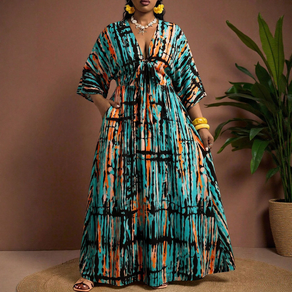 V-Ausschnitt Resort-Kleid mit Geometrie-Muster