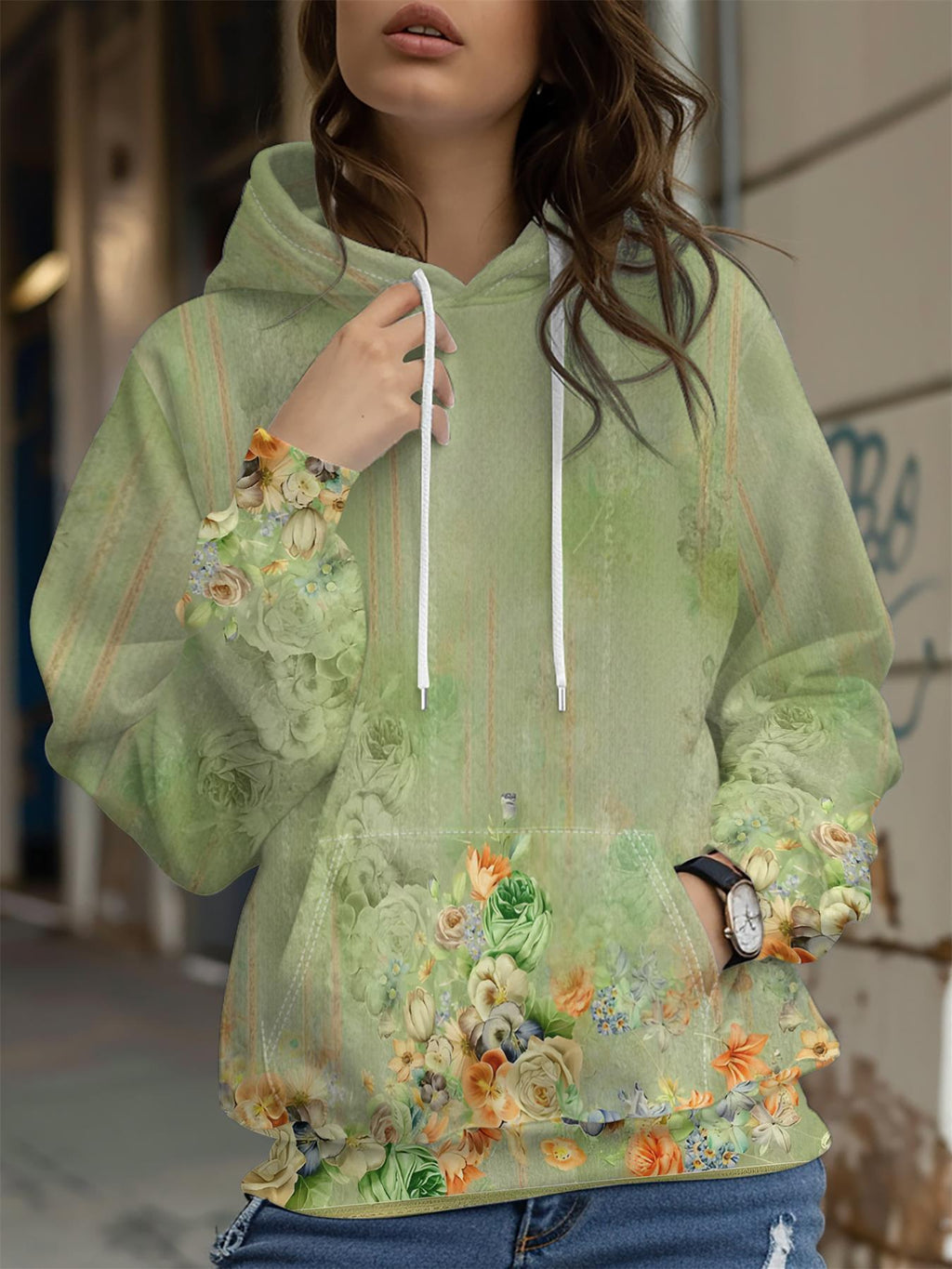 Tulpen-Print & Kartoon Schädel Hoodie Damen Herbst