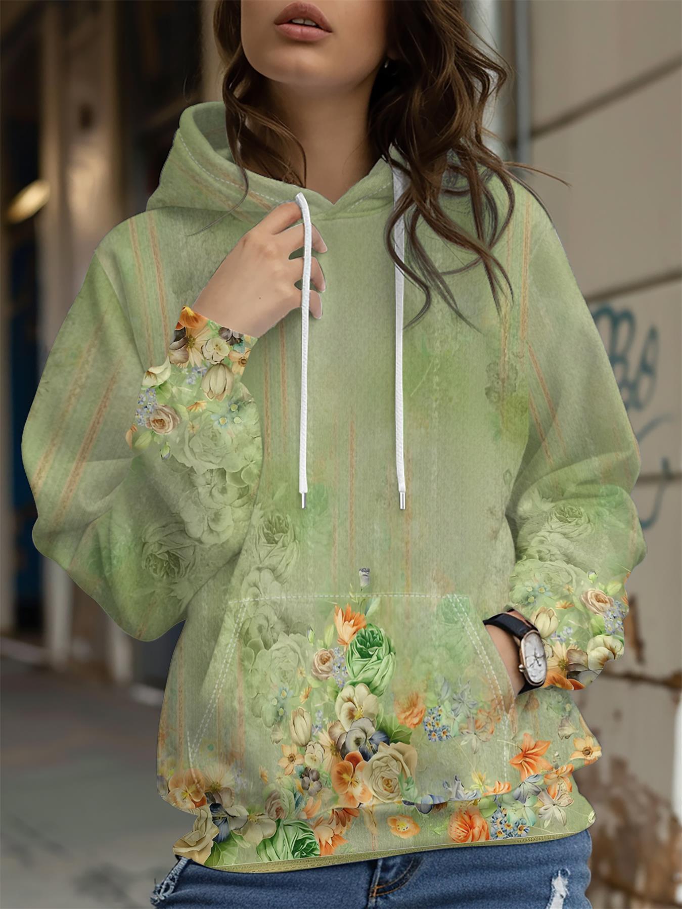 Tulpen-Print & Kartoon Schädel Hoodie Damen Herbst