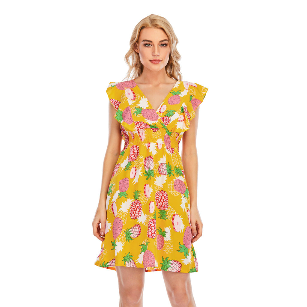 V-Ausschnitt Chiffon Ärmelloses Rüschenkleid