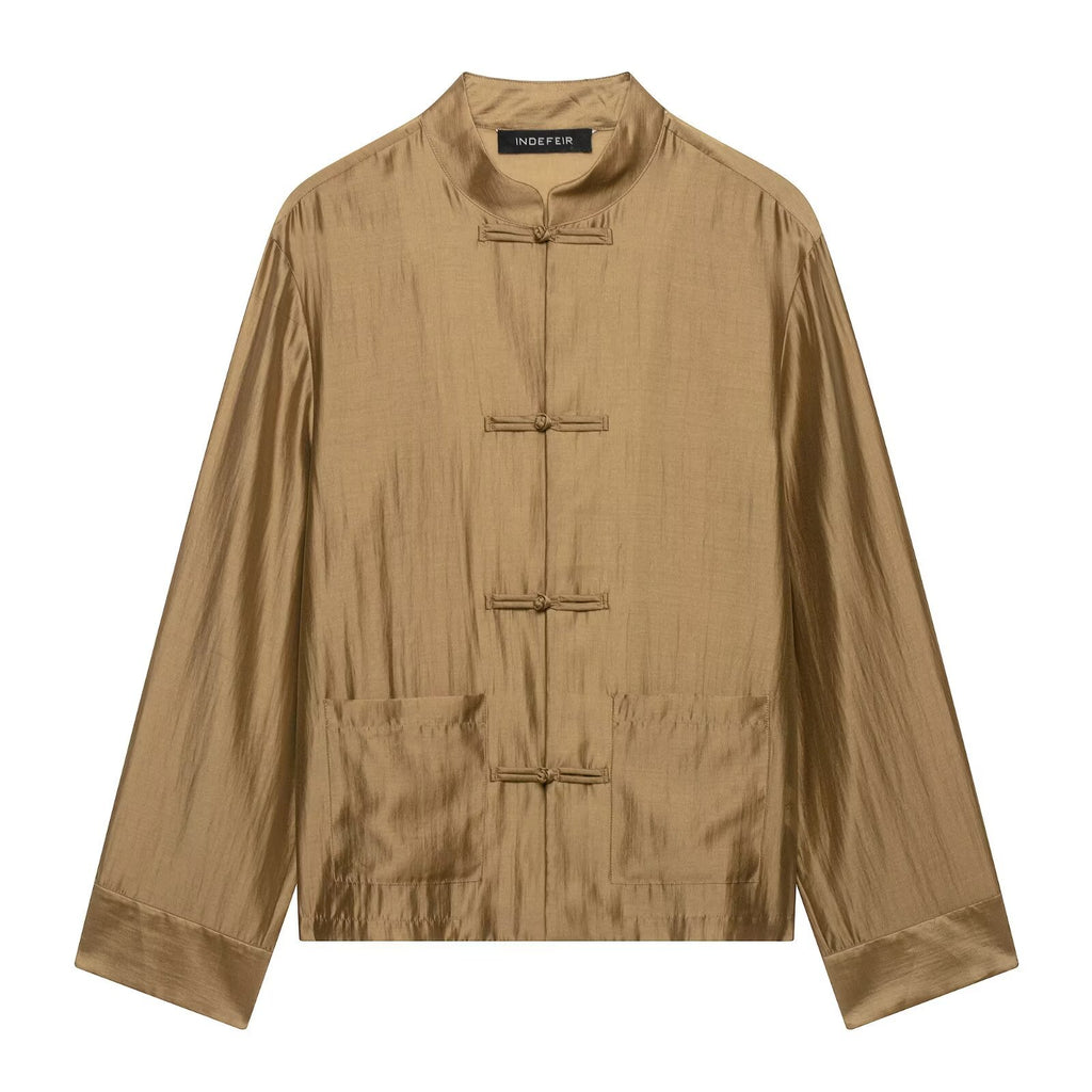 Satinbluse mit Stehkragen und Schleifen-Knopf