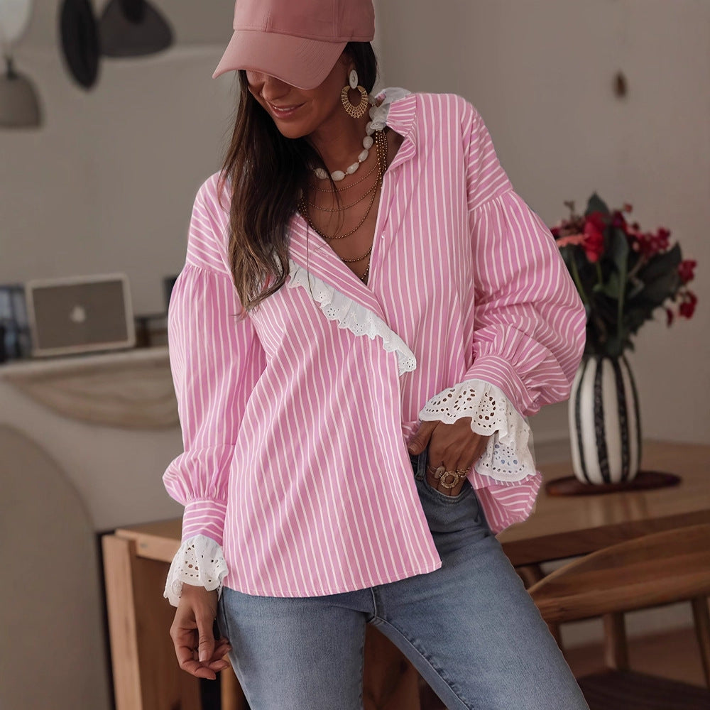 Gestreiftes Damenhemd mit Spitzen-Patchwork – Bild 7 | LuxeStyle