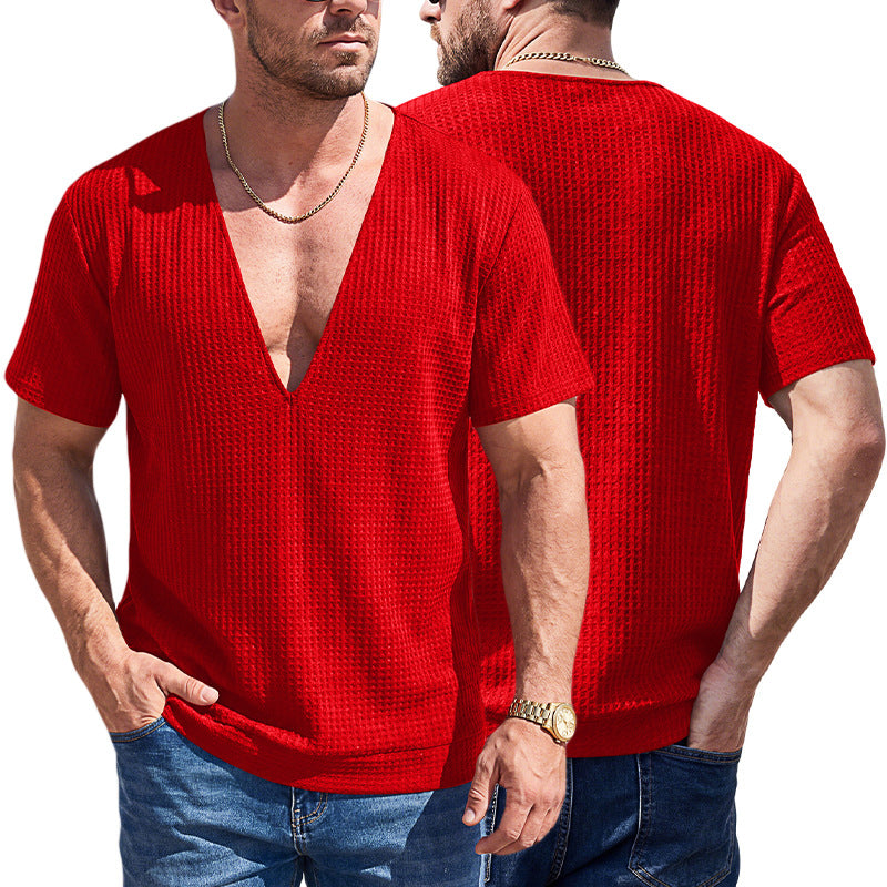 Einfarbiges Wellen-Web T-Shirt mit Tief-V-Ausschnitt Kurzarm