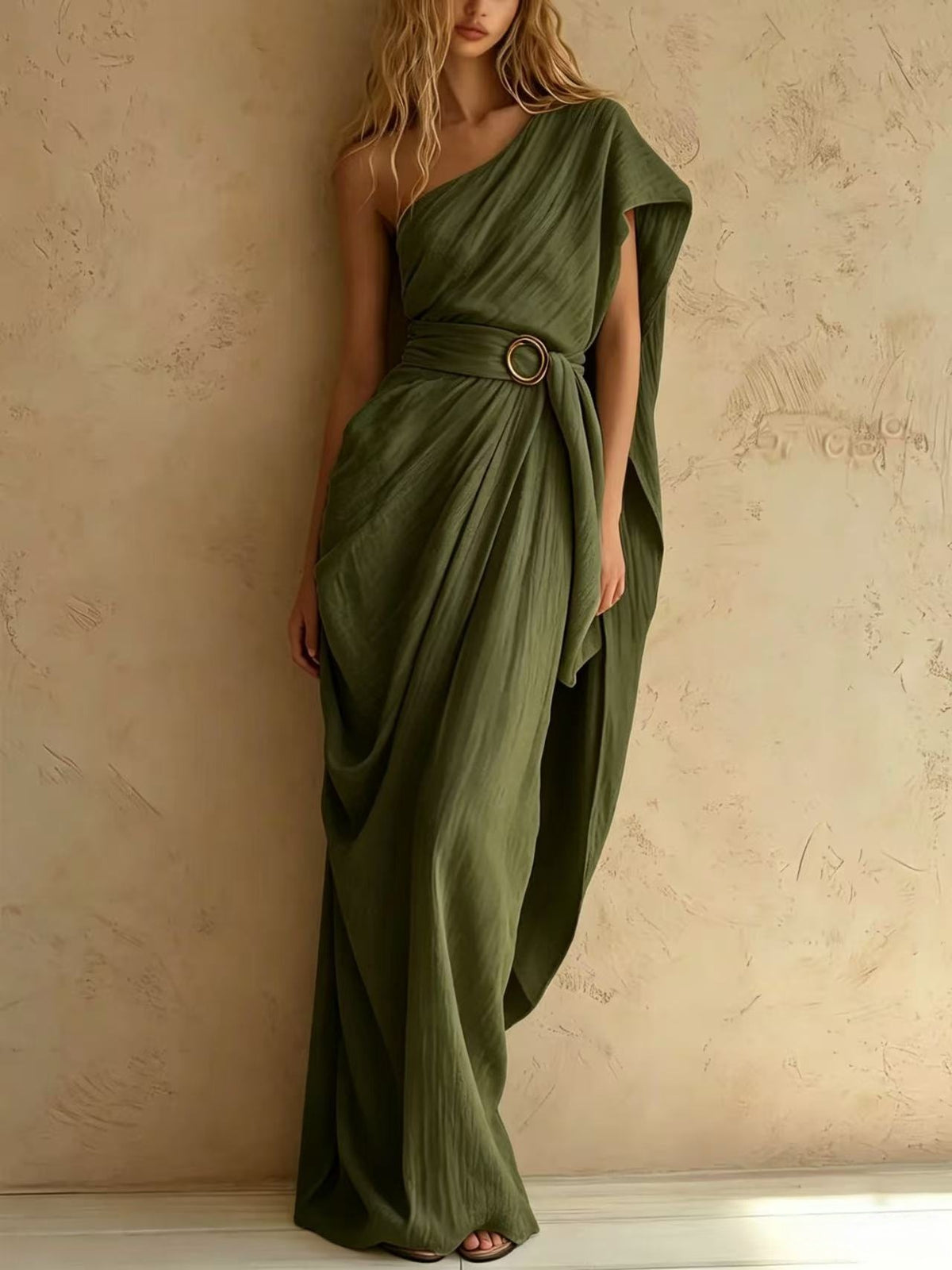 Elegantes Baumwoll-Leinen One-Shoulder Kleid – Bild 4 | LuxeStyle