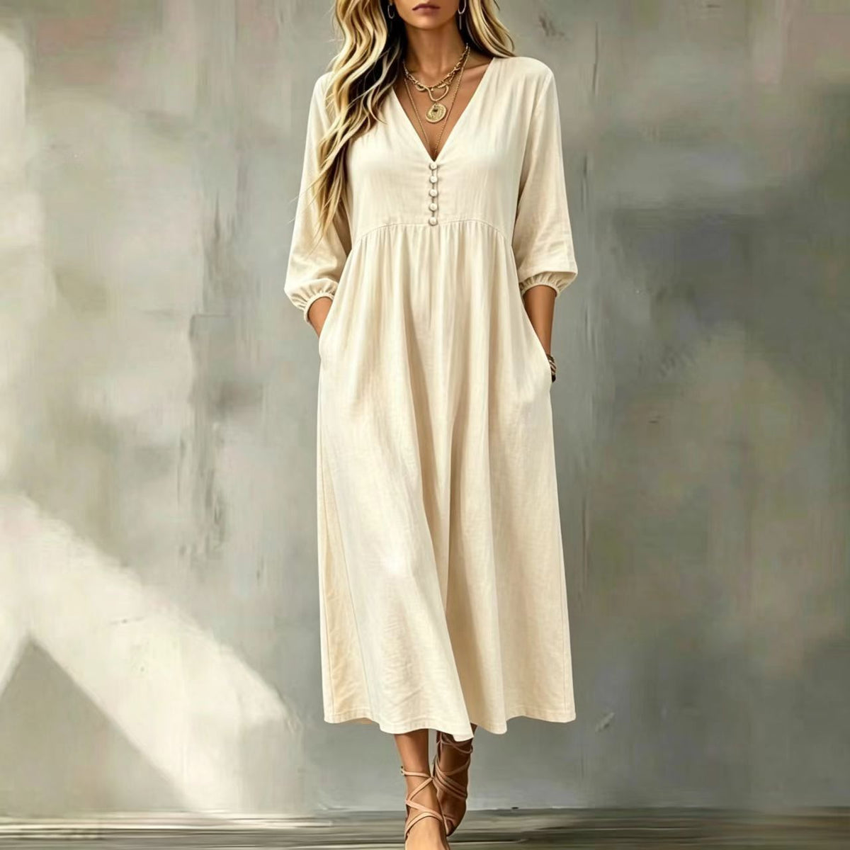 Midi-Kleid mit V-Ausschnitt und Knöpfen – Bild 1 | LuxeStyle