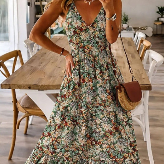 Sommerliches V-Neck Blumenkleid mit Spaghettiträgern | LuxeStyle