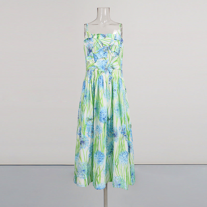 Geblümtes High-Waist Trägerkleid