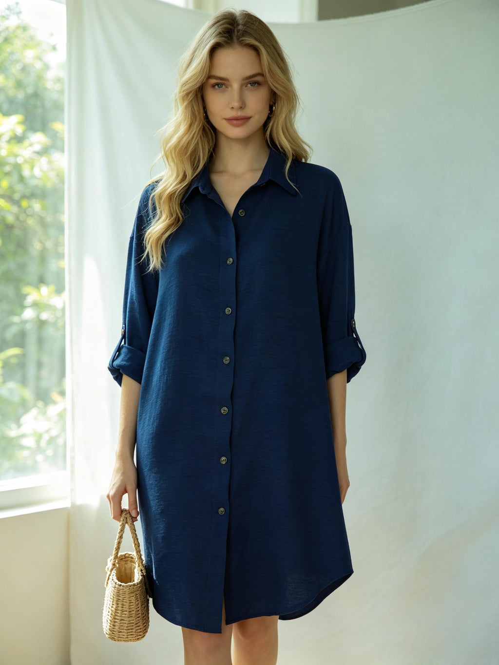 Shirt Dress in Navy – Mid-Length, 100 % Polyester – Bild 7 | LuxeStyle