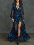 Blaues V-Ausschnitt-Latzkleid mit Rüschenärmeln – Bild 7 | LuxeStyle