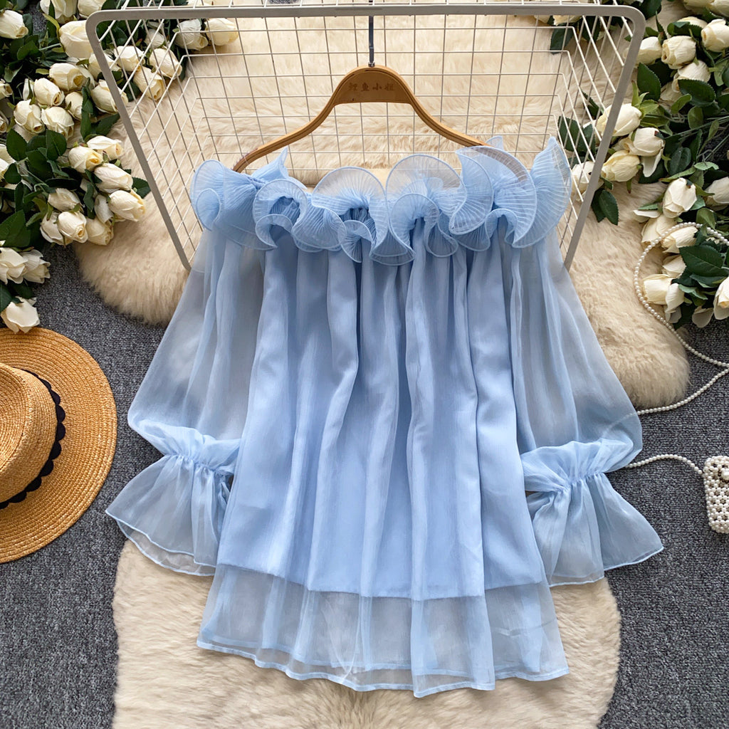 Off-Shoulder Chiffon-Bluse mit Rüschen