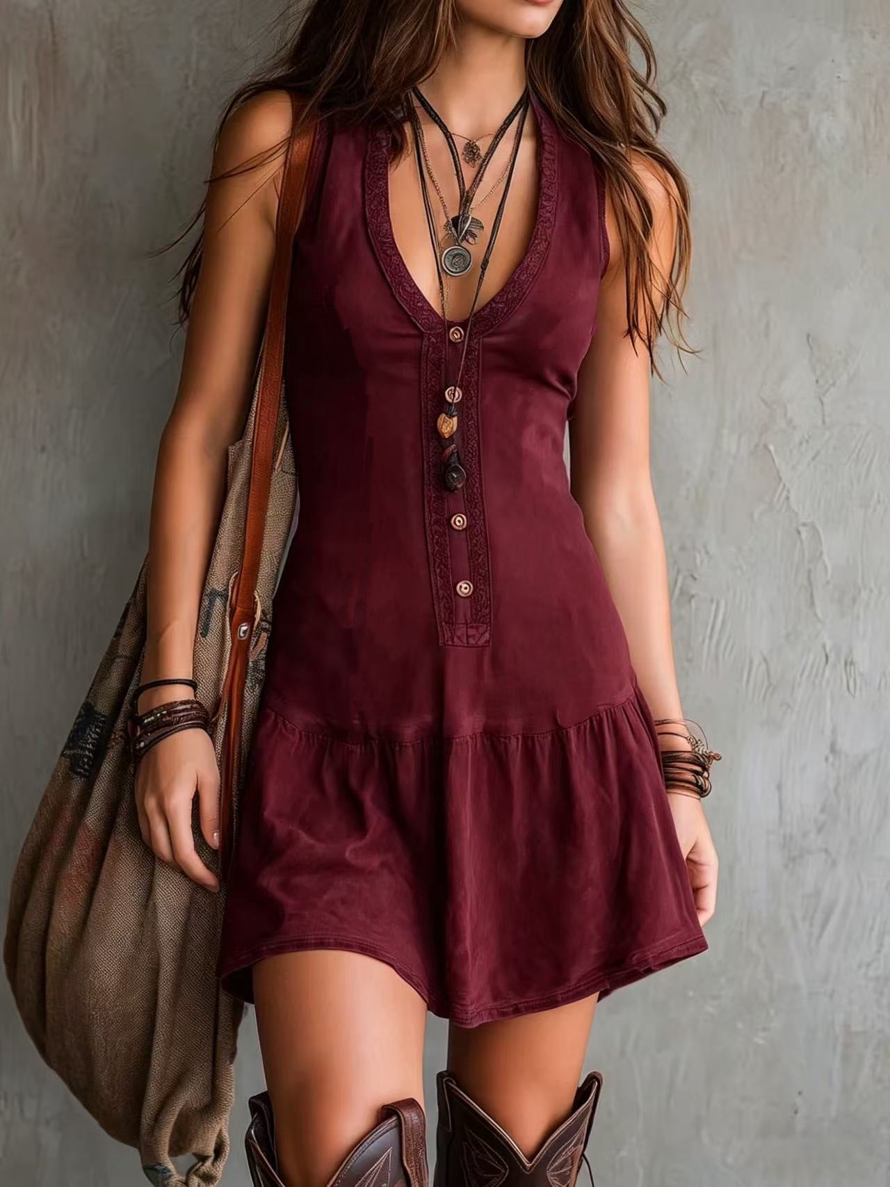Boho-Kleid «Indigo» · Ärmellos mit Knopfleiste & Volant