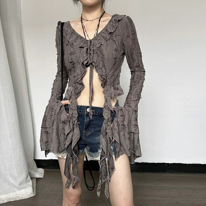 Gerüschtes V-Neck Cropped Top für Frühling/Sommer