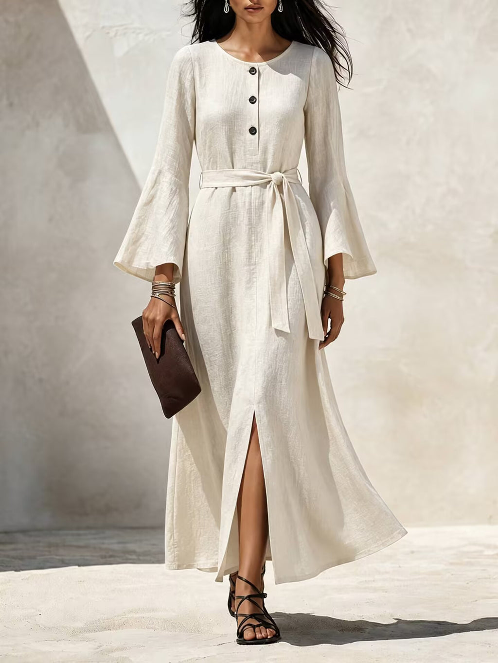 Damen Casual Leinenkleid mit ausgestellten Ärmeln