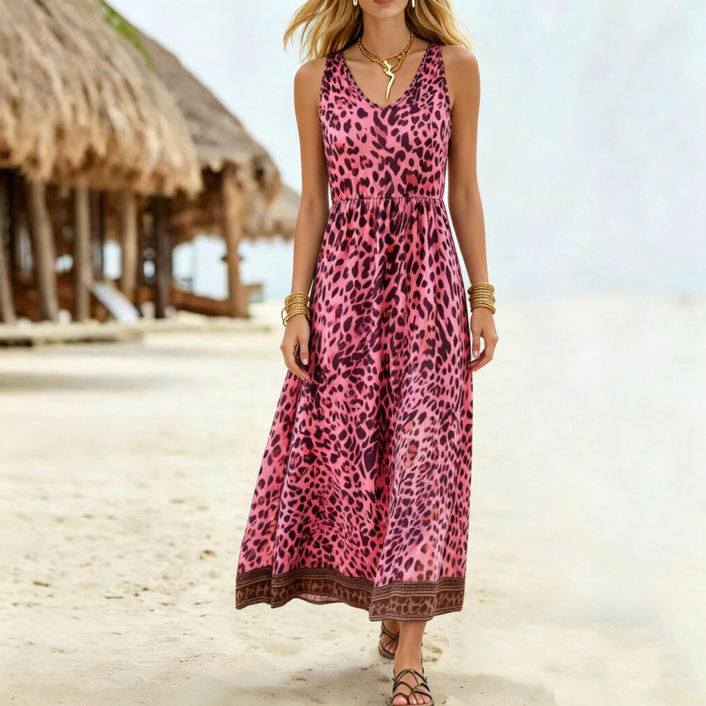 Ärmelloses V-Neck Kleid mit Leo-Print