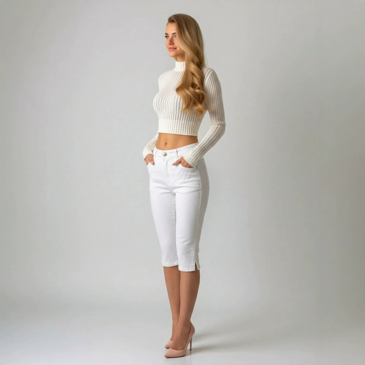 Weiße Capri Jeans, Slim Fit