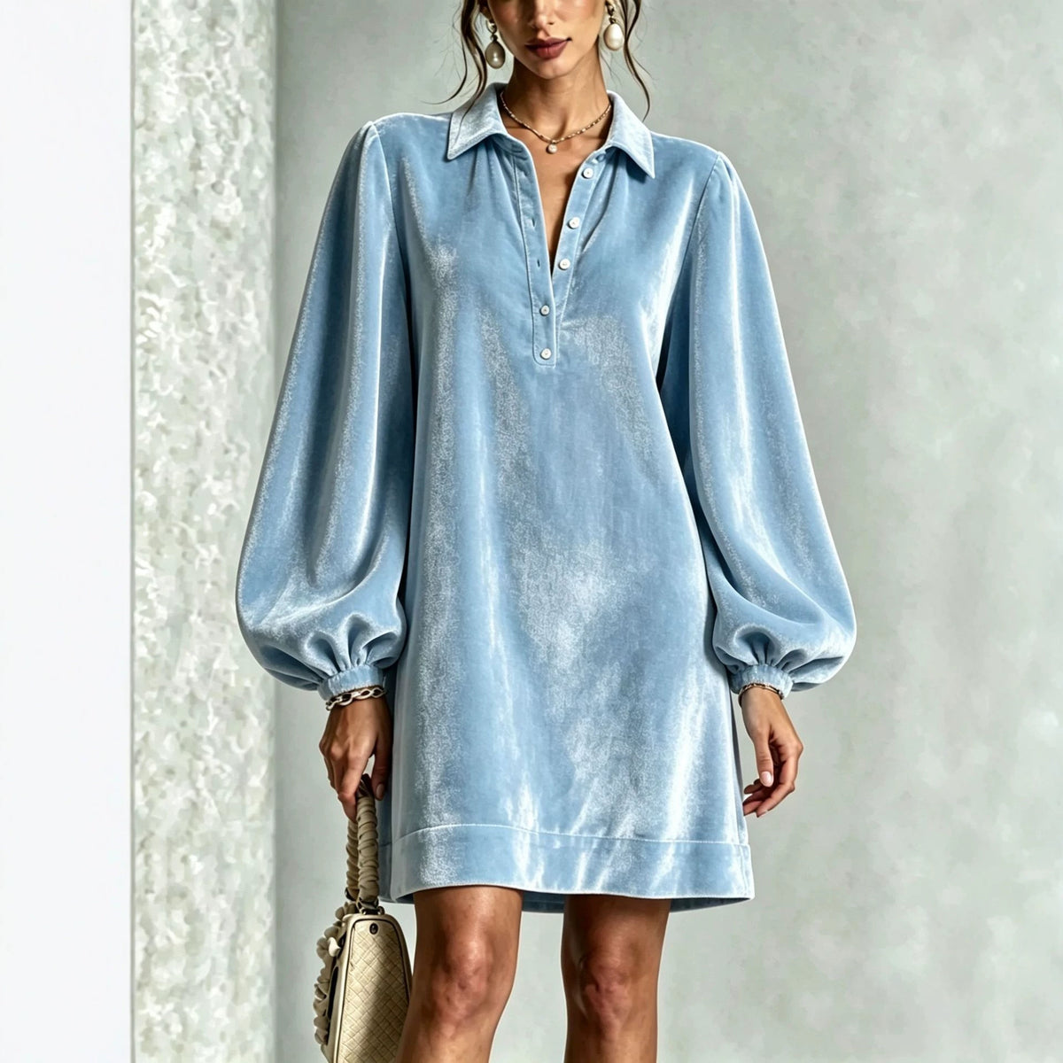 Elegantes Samtblusen-Kleid mit Laternenärmel – Bild 10 | LuxeStyle