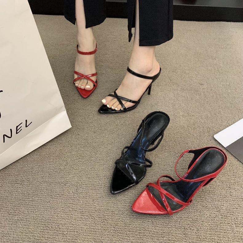 Weinrote Stiletto-Sandalen mit Fischmaul-Zehenpartie – Bild 8 | LuxeStyle