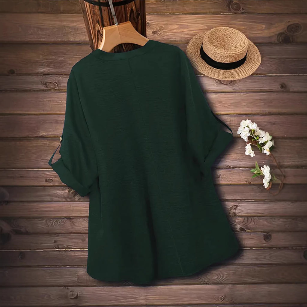 Damen-Button-Up-Shirt, V-Ausschnitt, 3/4-Arm, Plus-Size, Khaki/Grün