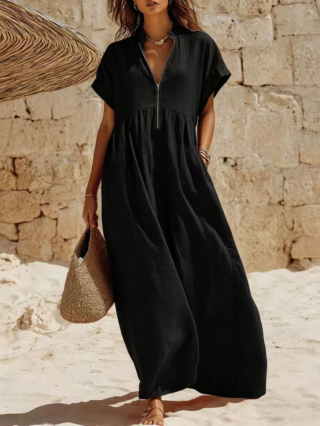 Langes Leinenkleid mit Reissverschluss – Bild 4 | LuxeStyle