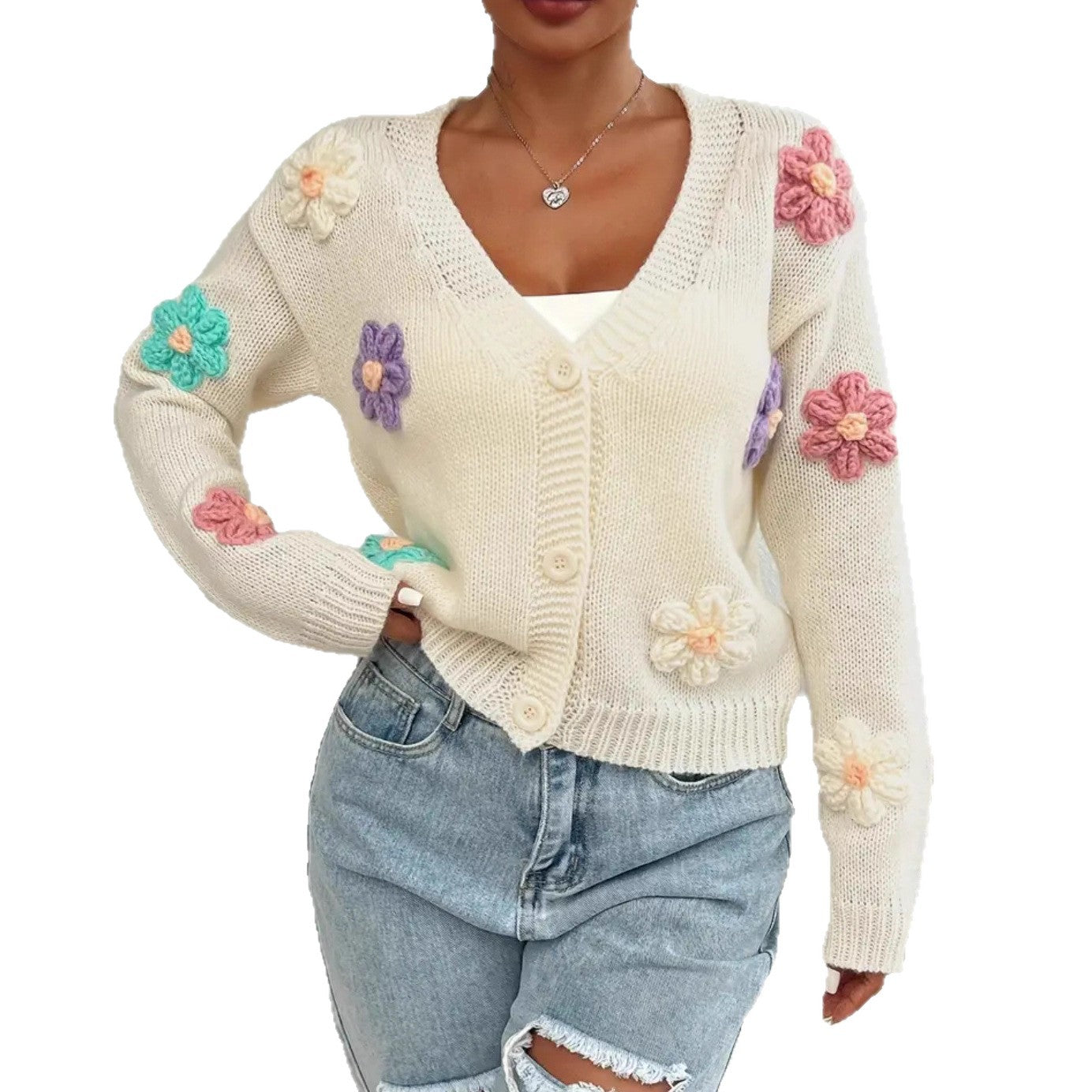 Strick-Cardigan mit 3D-Blumen und Stickereien