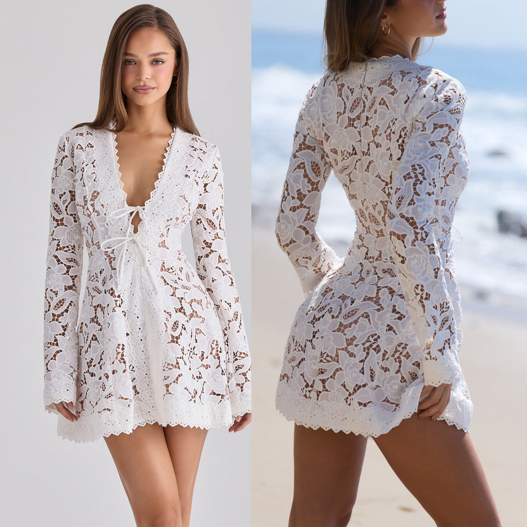 Langes Freizeitkleid mit Schnürung und Blumenmuster – Bild 4 | LuxeStyle