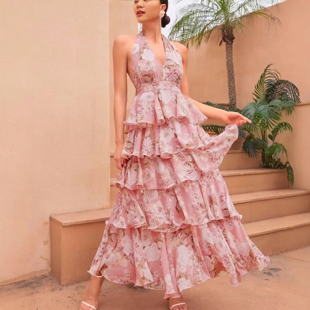 Damen V-Ausschnitt Träger Mehrlagiges Bedrucktes Kleid – Bild 10 | LuxeStyle