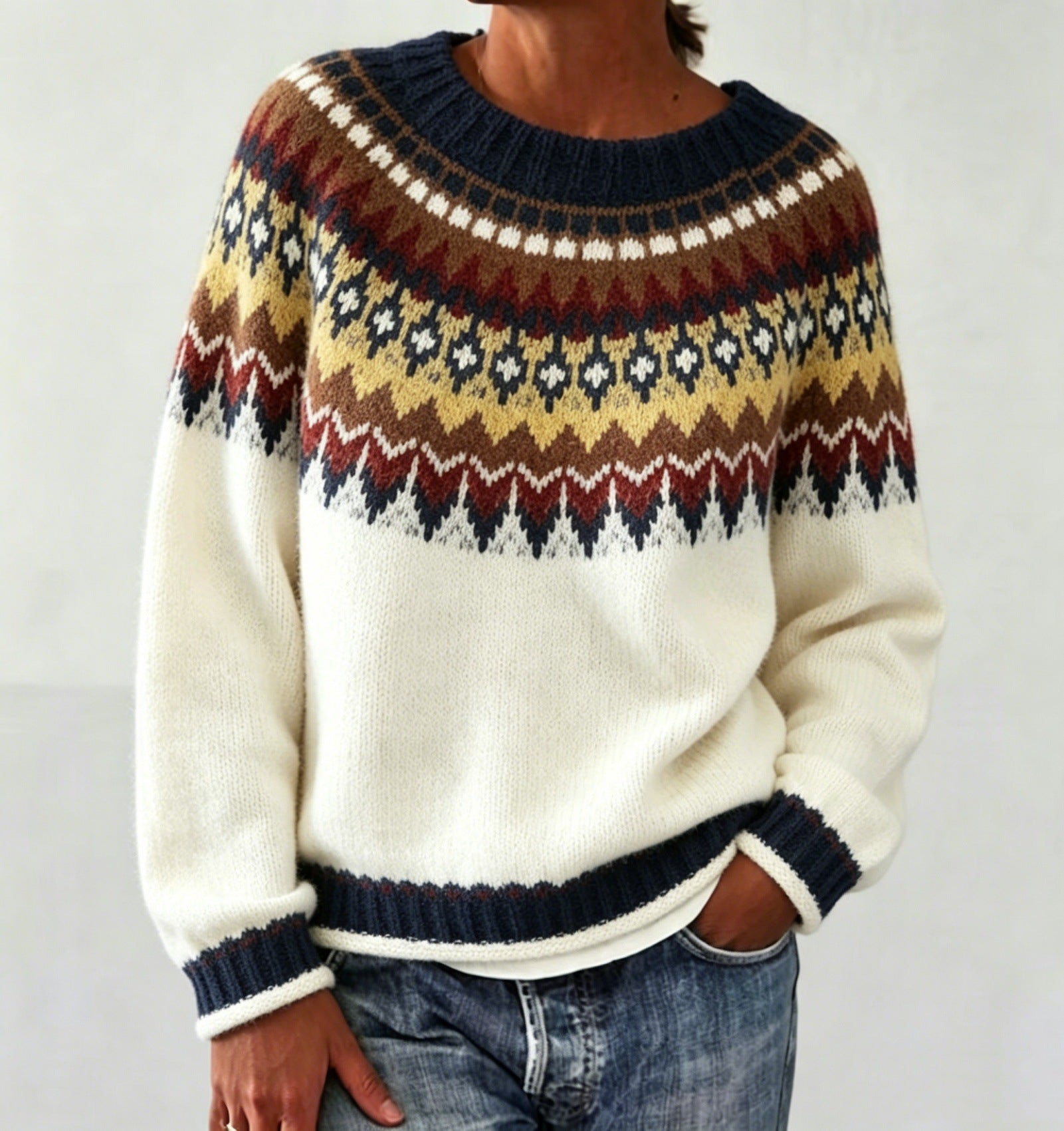 Rundhals-Pullover mit Farbblock-Design
