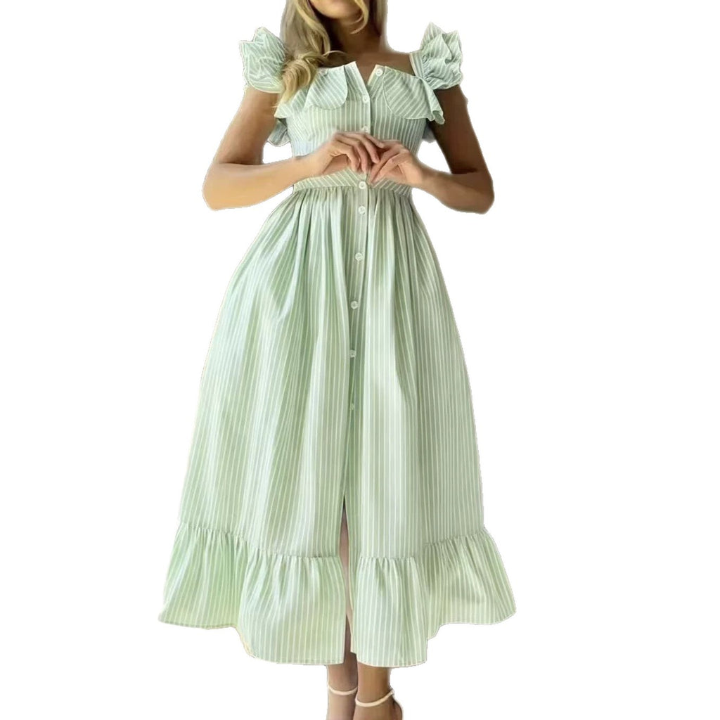 Gestreiftes A-Linien-Kleid mit Puffärmeln
