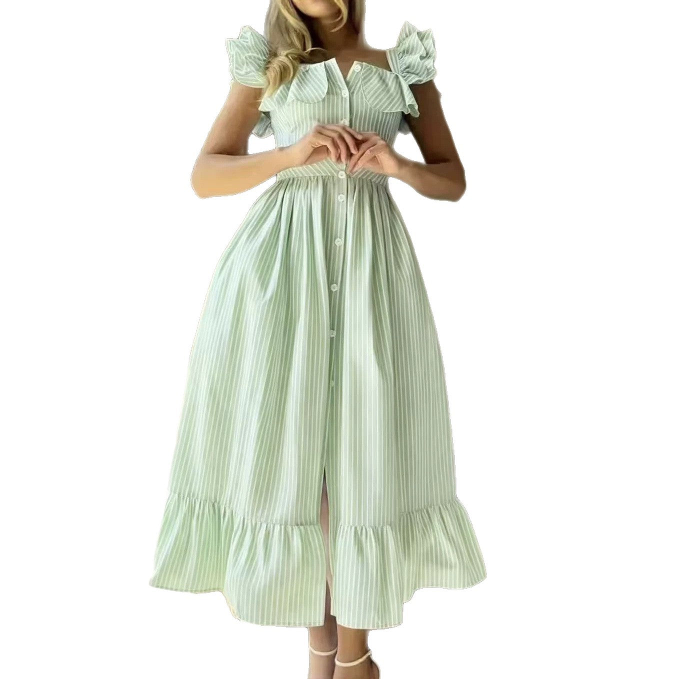 Gestreiftes A-Linien-Kleid mit Puffärmeln