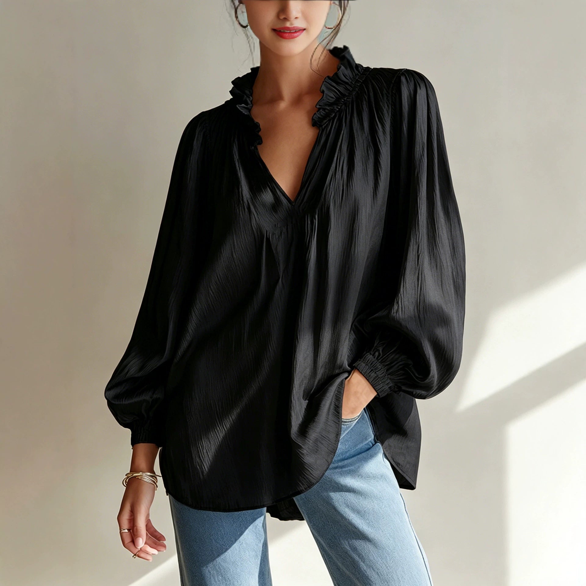 V-Neck Langarm-Top mit Ballonärmeln