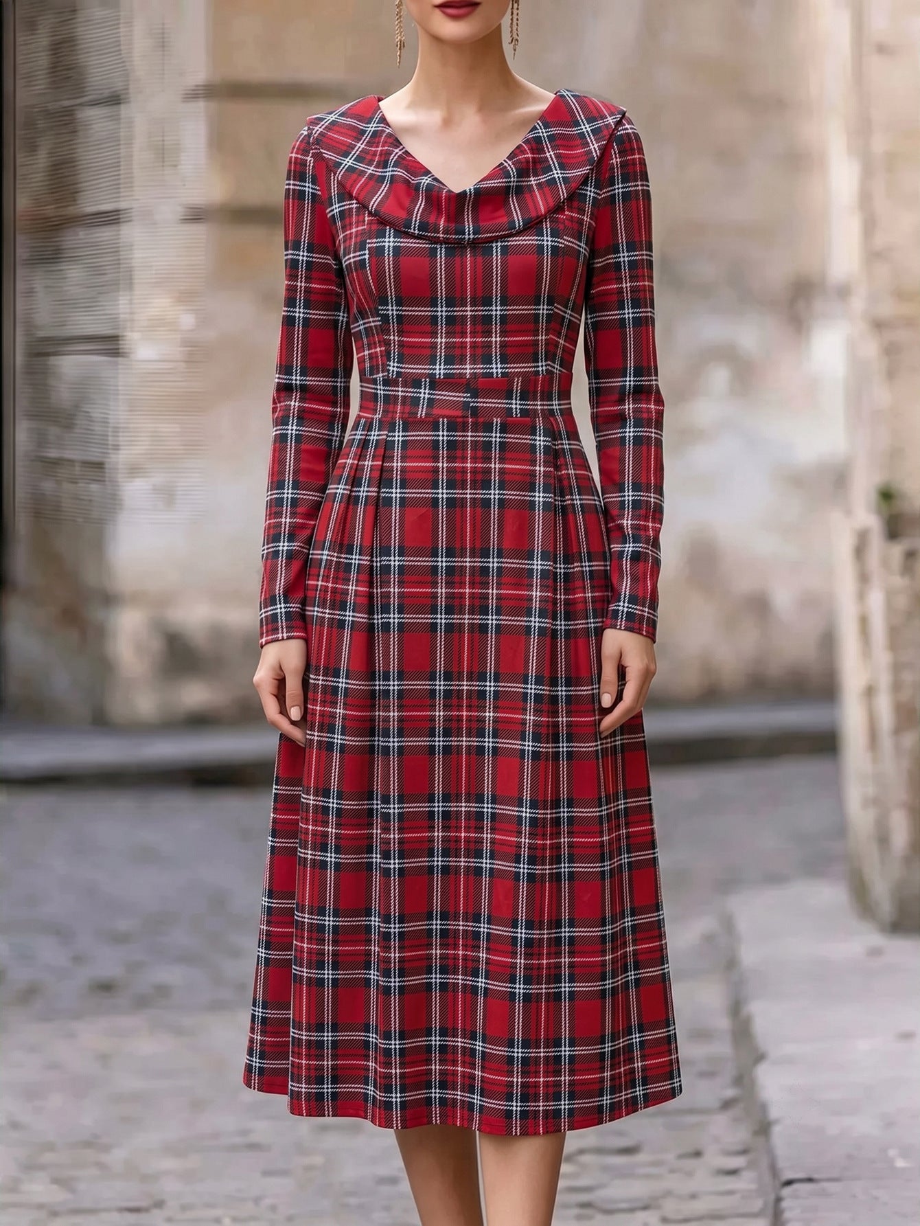 Herbst/Winter Bedrucktes A-Linien Kleid